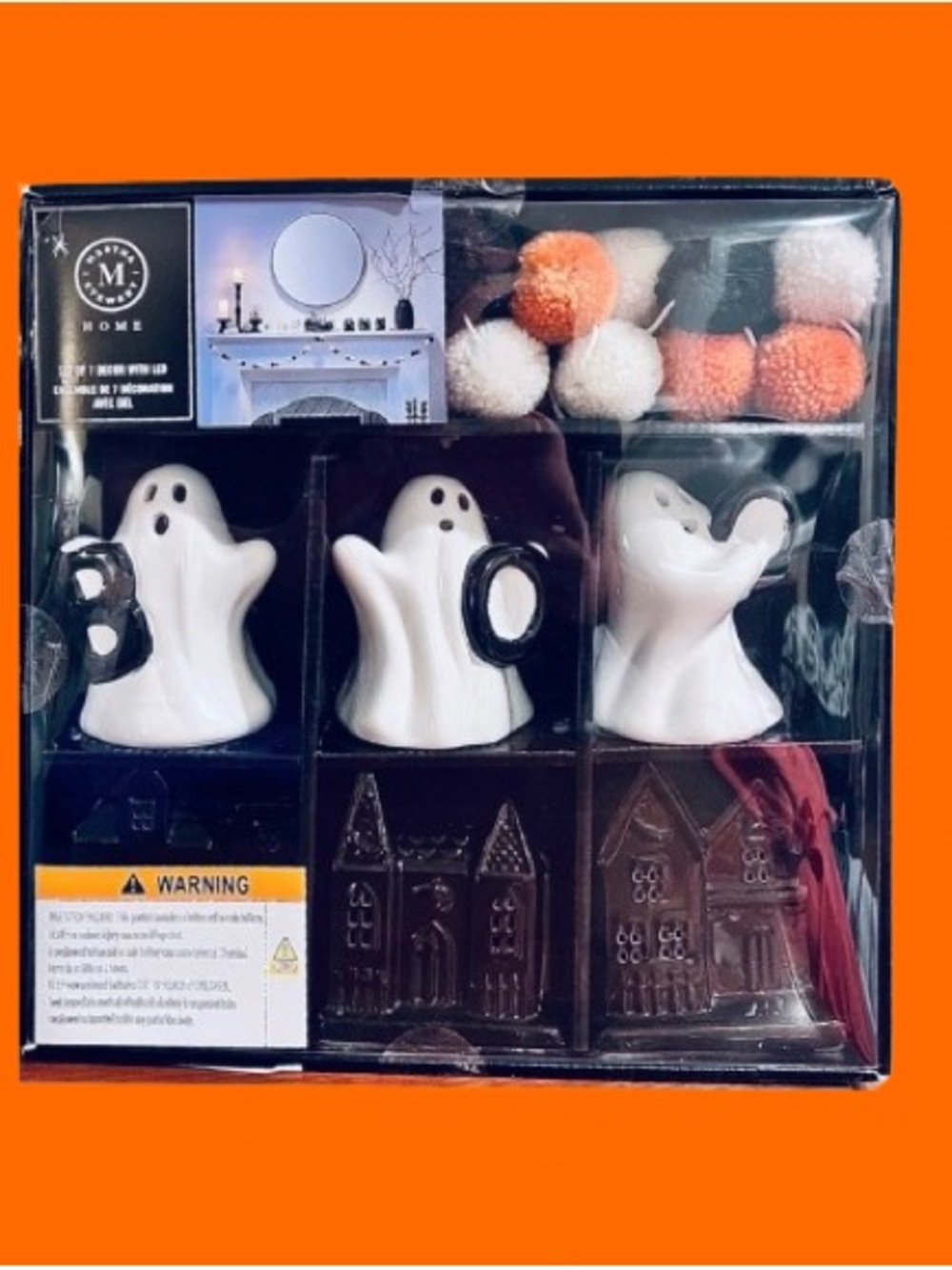 🆕-MARTHA STEWART 7PC SET ORANGE LED HAUNTED HOUSES, BOO GHOSTS & POMPOM GARLAND